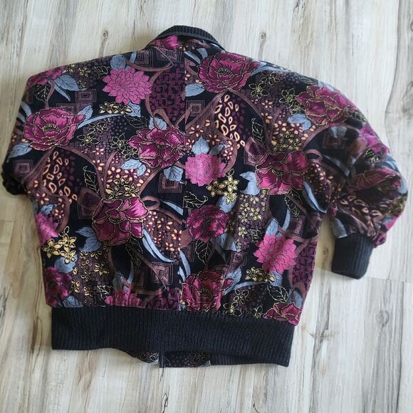 VTG Velvet Velour Rayon Quilted Liner Art To Wear Leather Trim Bomber Jacket OS - Picture 3 of 11